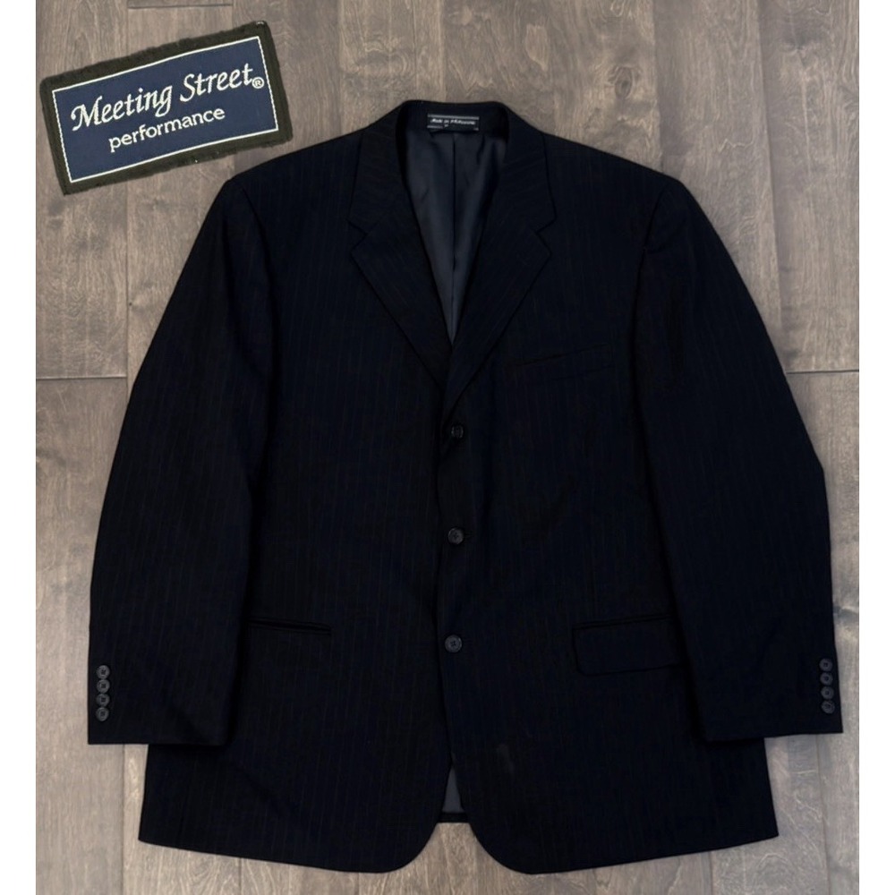 Meeting Street Performance Mens Navy Blue Pinstripe Wool Blazer Suit Jacket 48R